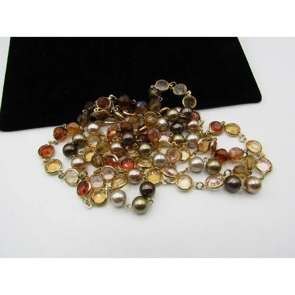 Premier Designs Amber/Citrine Lucite Bezel Beaded Faux Pearl Gold Tone Necklace - Picture 3 of 5